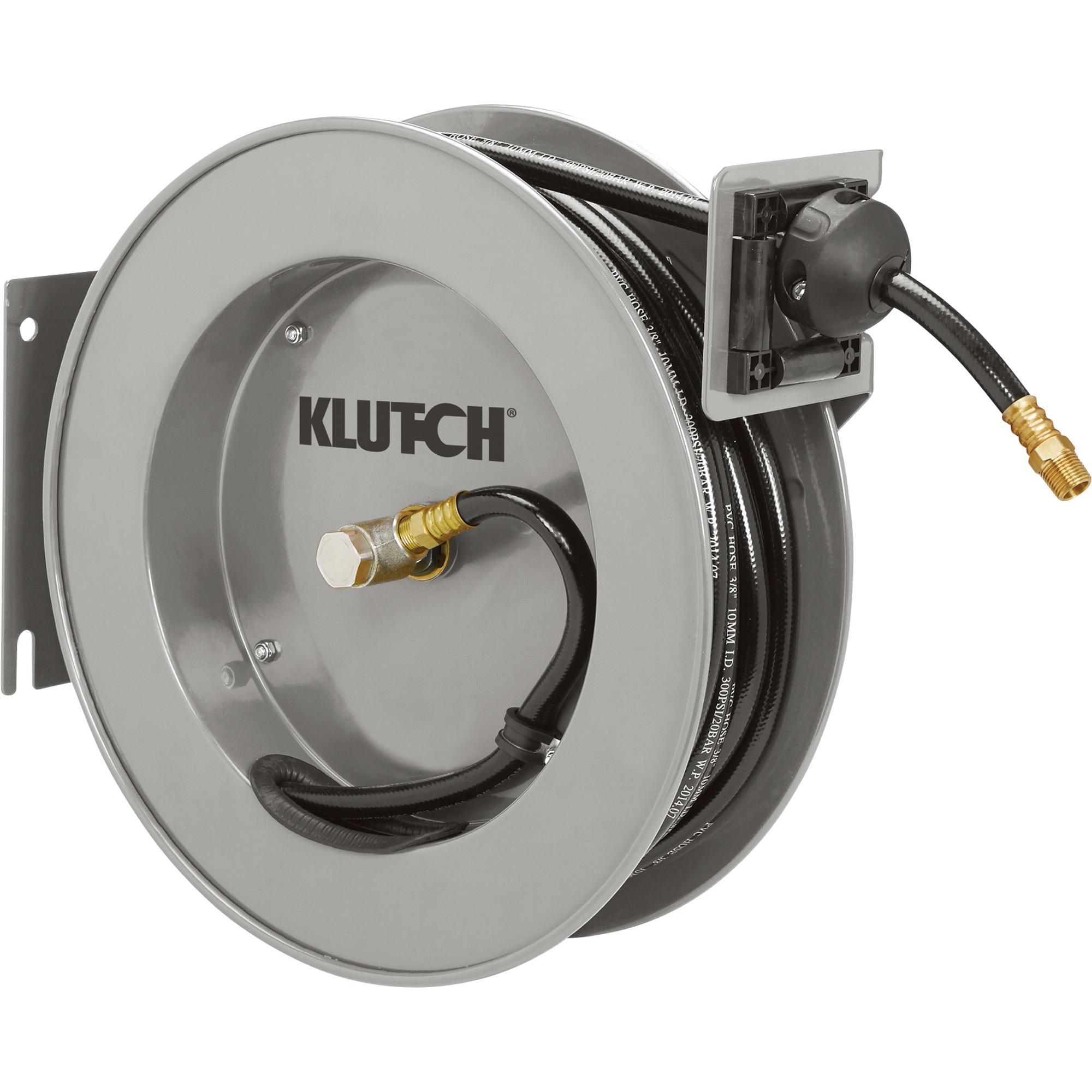 Klutch Auto Rewind Air Hose Reel, With 3/8in. x 50ft. PVC Hose, Max. 300 PSI